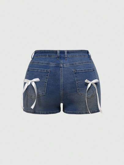 Kawaii Shorts di jeans elastici in vita con fiocco, di colore grigio scuro, per donne taglia forte