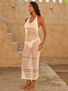 SHEIN Swim Women's White Backless Tie Strap Hollow-Out Resort Elegant Beach Knitted Coverup Dress For Summer Beach Vacation