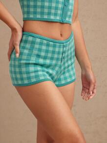 WESTFADE Gingham Check Button Front Sweater Knit Boho Preppy Micro Shorts Western Cowgirl Nashville Rodeo Beach Vacation - Teal Blue - View 1