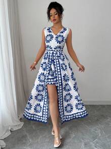 Elenzga 女式春夏海滩度假休闲优雅撞色全身复古印花无袖连体裤 - 藍白色 - 查看 4