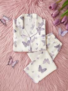 2 件套可爱紫色蝴蝶印花小女孩长袖开衫和裤子套装，休闲舒适的家居服蝴蝶睡衣儿童返校时尚 - 杏色 - 查看 6
