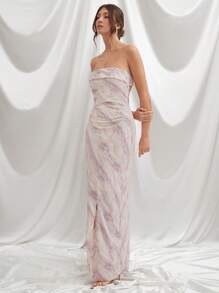 L'Amorae Vestido sin mangas de verano con estampado completo y dobladillo dividido para mujer