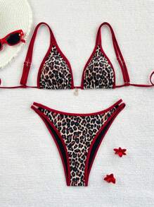 Swim Mod 2026春夏2件套女士新款可调节肩带红色褶饰豹纹随机金色圆盘装饰性感高腰侧边度假比基尼套装 - 彩色 - 查看 2