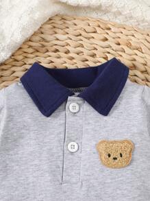 SHEIN Summer Newborn Baby Boy Lapel Splicing Gray Short Sleeved Bear Romper Fashionable Casual Sports