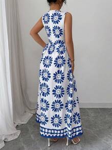 Elenzga 女式春夏海滩度假休闲优雅撞色全身复古印花无袖连体裤 - 藍白色 - 查看 2