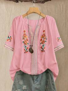 Linhara Plus Size Women V-Neck Embroidered Shirt With Stylish Design - Pink - View 1