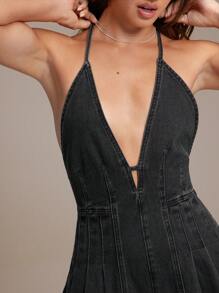 WESTFADE 深 V 领合身喇叭形交叉可爱蝴蝶结后背牛仔连身裤西部纳什维尔女牛仔连体衣 - 黑色 - 查看 3