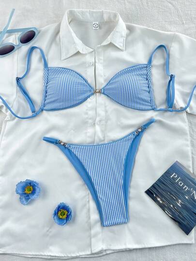 Swim Mod Set van 2 nieuwe, getextureerde, blauw-wit gestreepte bikiniset met hoge taille en strikjes aan de zijkant, badmode voor dames in het strandresort