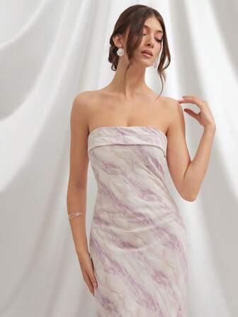 L'Amorae 女式夏季全印花开衩无袖连衣裙