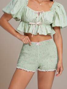 WESTFADE Shorts de verão com estampa floral, cintura alta, laço fofo, frente franzida, babados, ajustado, estilo country, estilo cowgirl, Nashville, férias na praia, primavera - Multicolorido - Ver 1