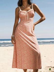 Easelle Romantic Ditsy Floral A-Line Cami Dress With Waist Cincher, For Holiday And Outdoor - Multicolor - View 7
