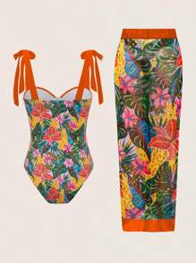 Swim Vcay 1 Set Tropical Print One Piece Swimsuit With Beach Cover Skirt For Summer Beach Vacation - Multicolor - View 6