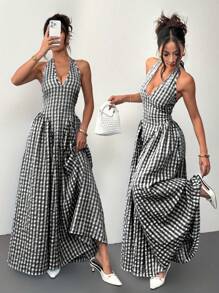 Siren Gaze Robe ras-du-cou évasée avec ceinture taille pour femmes, robe à carreaux, robe longue, vêtements d'été pour dames - Noir et Blanc - Voir 1