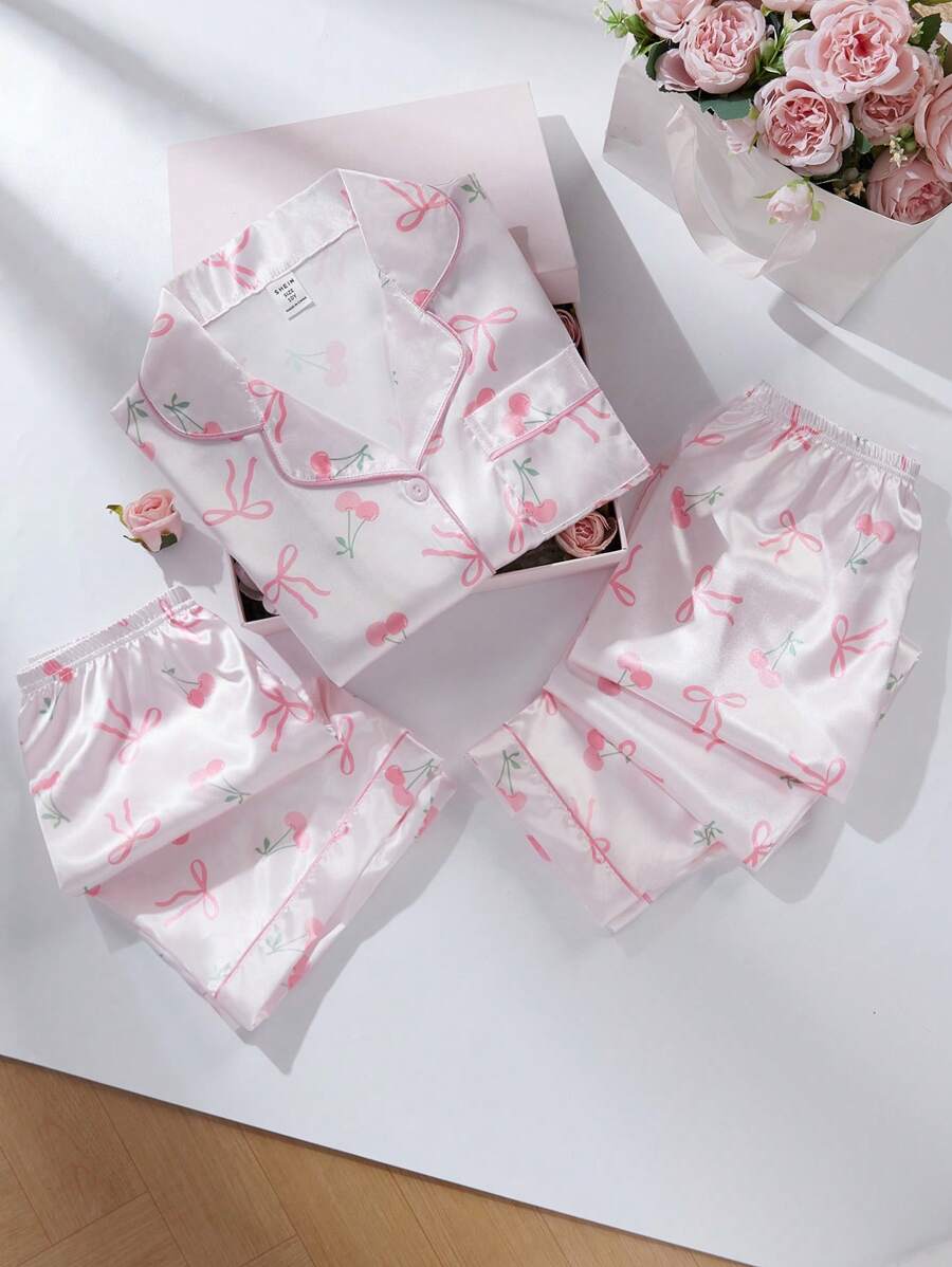Conjunto de 3 piezas para niña preadolescente con estampado de cerezas y lazos - Cárdigan de manga corta con pantalones cortos y pantalones, estilo dulce, ropa informal y cómoda de vuelta a la escuela - Rosa - Ver 1