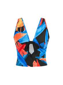LUNA B Floral V Neck Black Bow Sleeveless Crop Top Women Summer Vacation Holiday Beach