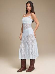 WESTFADE Vestido Slip Transparente com Alças de Espaguete, Decote Aberto nas Costas, Rendado Floral Ocidental de Verão, Traje Cowgirl de Festival em Nashville - Branco - Visão 4