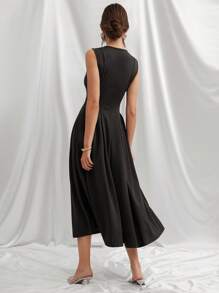 L'Amorae Summer Women Outfit, Elegant Red Scuba V-Neck Long Dress With Buttons, Wedding - Olive Green - View 5