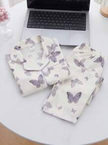 2 件套可爱紫色蝴蝶印花小女孩长袖开衫和裤子套装，休闲舒适的家居服蝴蝶睡衣儿童返校时尚 - 杏色 - 查看 9