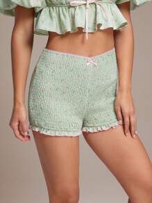 WESTFADE Shorts de verão com estampa floral, cintura alta, laço fofo, frente franzida, babados, ajustado, estilo country, estilo cowgirl, Nashville, férias na praia, primavera - Multicolorido - Ver 4