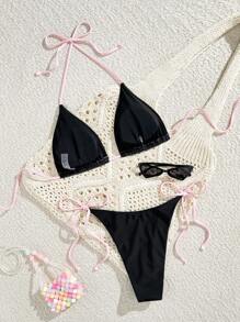 Swim Mod 2件套女士黑色露背字母性感度假比基尼泳装