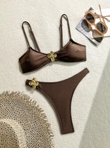 Swim Chiccia Bộ bikini 2 mảnh họa tiết hoa không gọng dây mảnh cho nữ đi biển mùa hè - Cà phê nâu - Xem 4