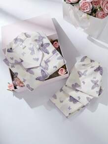 2 件套可爱紫色蝴蝶印花小女孩长袖开衫和裤子套装，休闲舒适的家居服蝴蝶睡衣儿童返校时尚 - 杏色 - 查看 11