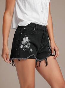 WESTFADE Hochtaillierte Country Western Denim Shorts mit floraler Stickerei an den Seiten und ausgefranstem Saum - Schwarz - Übersicht 4