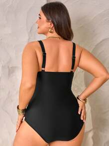 Swim Chiccia Traje de baño de una pieza para mujer talla grande, unicolor, con fruncido cruzado y ajustable en los tirantes, para playa - Negro - Ver 2