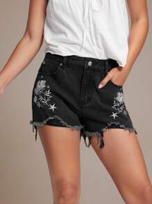 WESTFADE Hochtaillierte Country Western Denim Shorts mit floraler Stickerei an den Seiten und ausgefranstem Saum - Schwarz - Übersicht 3