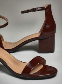 SHUZIA Viral Women's Single Strap Low Block Heel Glossy Pu Coffee Sandals-Comfy Minimalist Summer Essential Shoes 2025 | Ankle Strap Casual Sandals For Every Time - Coffee Brown - View 4