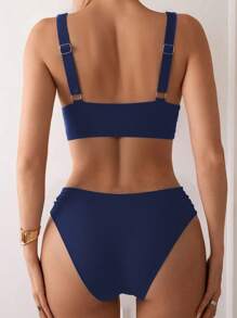 SHEIN Swim 全新 V 领纯色高腰比基尼两件套女式泳衣，海滩夏季服装