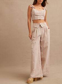 WESTFADE Pantalon large à taille haute pliable avec rayure et motif floral occidental. Tenue d'été style western, Nashville, cowgirl, rodéo - Rose bonbon - Voir 4