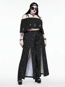 ROMWE Urlaubs Gothic Blume Muster Kurz Top mit Schulterausschnitt und Bindeträgern in Große Größen + Culotte-Hose Set - Schwarz - Übersicht 1