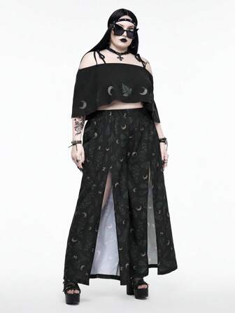Goth Vacation Gothic Floral Print Plus Size Open Shoulder Tie-Strap Cropped Top + Wide-Leg Pants Set