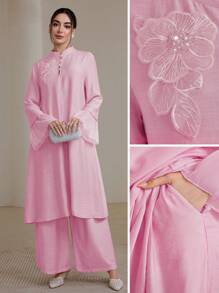 Graceveil 2pcs/Set Women Elegant Stand Collar Ruffle Cuff Long Sleeve Set Modest - Pink - View 1