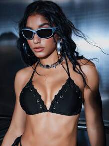 Women's Solid Metallic Eyelet Halter Sexy Backless Bikini Top For Summer Beach Vacation - Black - View 3