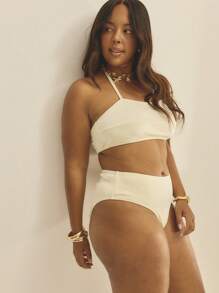 Aralina Curve Summer Vacation Beach Resort Two Pieces Halter Neck High Waisted Bikini Set With Swim Bag - Apricot - View 7