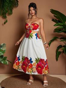Flirla Vestido largo sin mangas con escote tubo, estampado floral y calado, para vacaciones, talla grande - Multicolor - Ver 3
