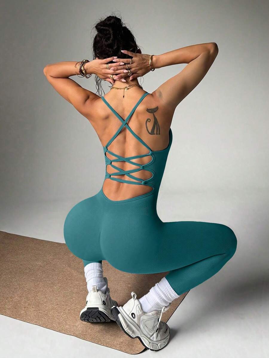 Slayform Women's Backless Criss-Cross Strap Sports Jumpsuit, Fashionable For Summer - Green - View 1