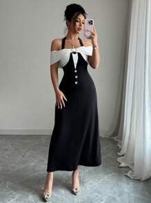 Selianne Luxurious Elegant Vintage Print Party Dress - Black and White - View 3