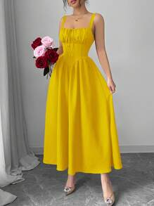 Rafferiza 女士黄色纯色度假沙滩休闲连衣裙生日毕业装奶油黄色荷叶边前系带蝴蝶结可爱优雅吊带后背不对称腰部修身A字下摆2025夏季新款长裙 - 黃色 - 查看 7