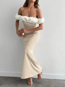 EURMUSE Two Tones Off Shoulder Ruffle Trim Bodycon Dress, Elegant Dress Gown Party White Summer - Beige - View 6