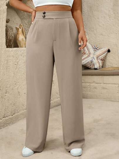 SHEIN Tall Pantalones informales con cintura alta, plisados y de pierna ancha para mujer de talla grande