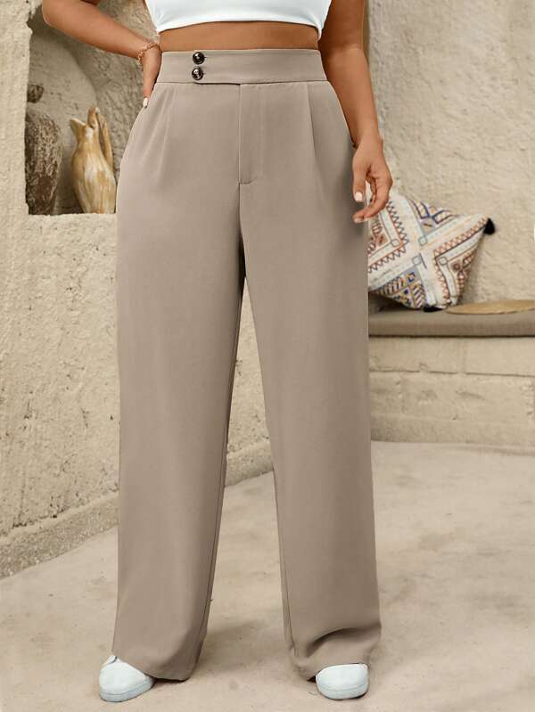 SHEIN Tall Plus Size Women Elegant High Waisted Pleated Wide Leg Casual Pants