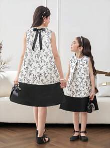 فستان من البناتالصغيرات مطبوع بالأزهار مخصر بشكل جيب مع فيونكة خلفية، سيلويت مرتفع وأنيق