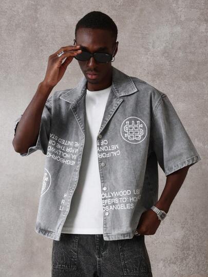 SUMWON 街头风牛仔纽扣衬衫短袖夏季加州洛杉矶标志工作服休闲宽松个性衬衫