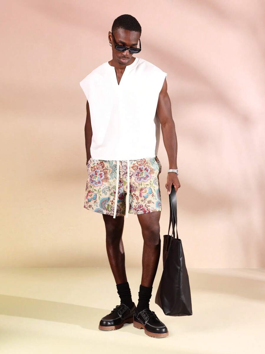 SUMWON Pantalones cortos de verano de ajuste regular con estampado de tapiz, con sensación de lino, relajados con cordón, clásicos y casuales, para playa, resort, uso diurno transpirable