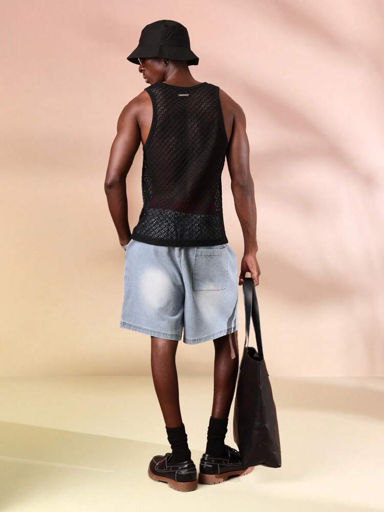 Camiseta sin mangas para hombre con estampado de malla de punto abierto y dobladillo con volantes