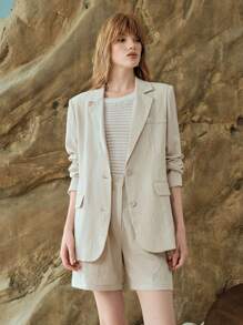 SHEIN Women's Linen Solid Color Lapel Long Sleeve Casual Blazer Jacket, Suitable For Commuting And Outdoor, Spring/Summer - Apricot - View 4