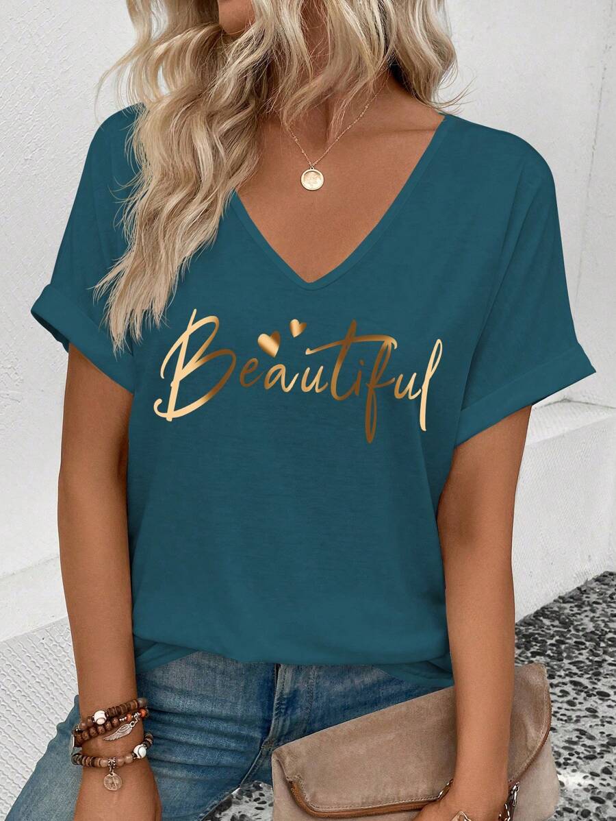 SHEIN 新款女士时尚金属字母图案V领短袖T恤 - 藍色 - 查看 1